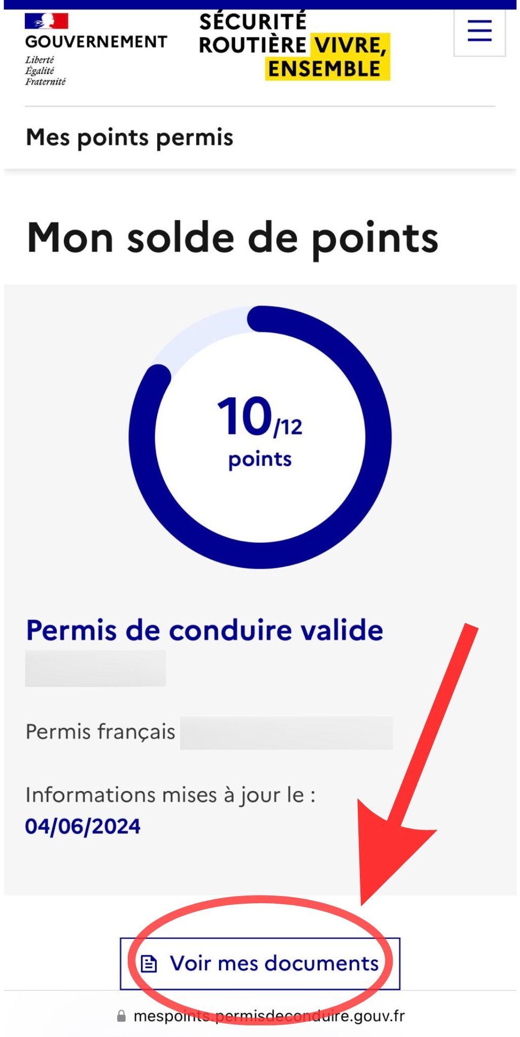 Capture de l’écran Mon solde de points sur mespoints.permisdeconduire.gouv