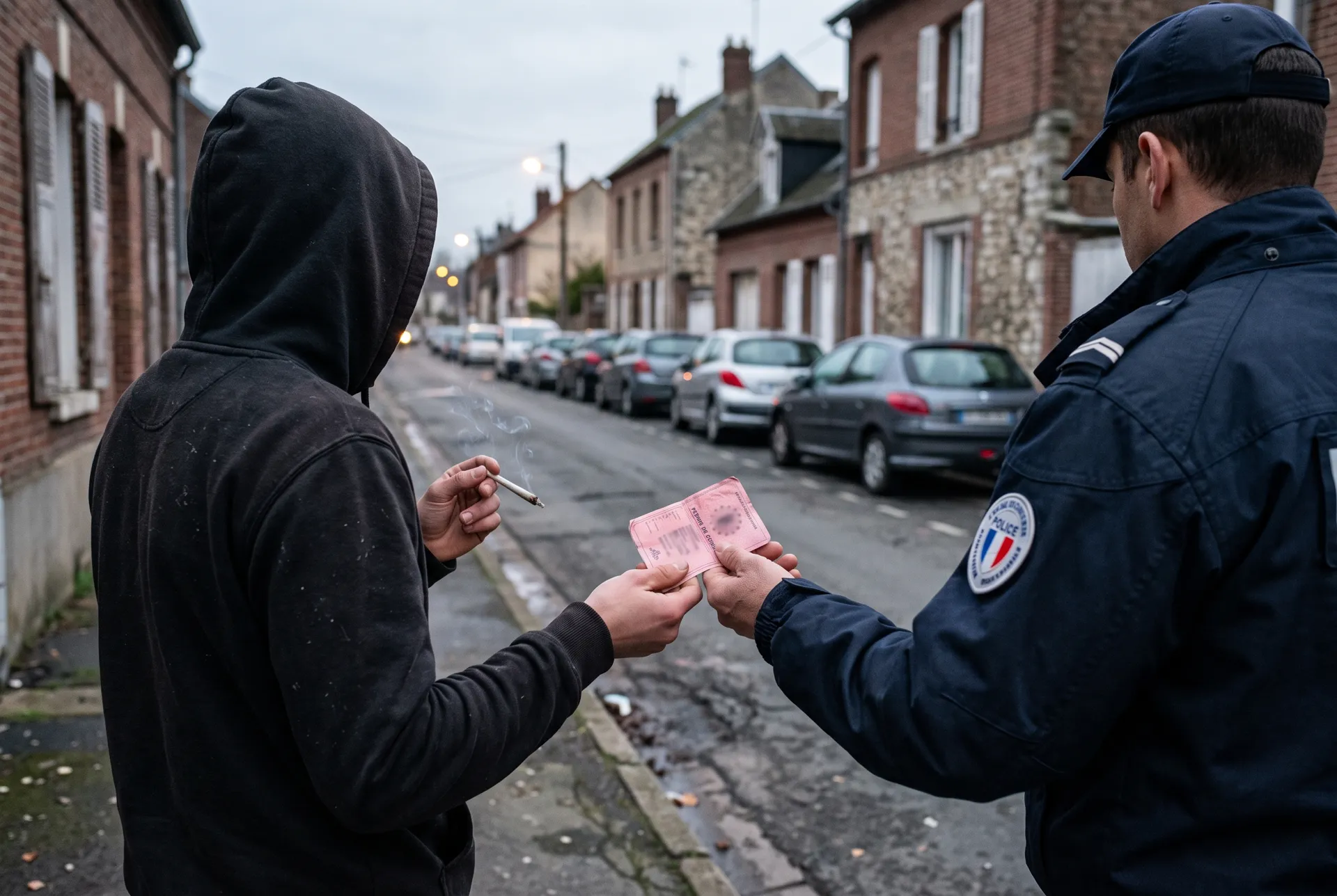 Personne en sweat à capuche, un joint à la main, tendant son permis de conduire à un policier dans une rue résidentielle