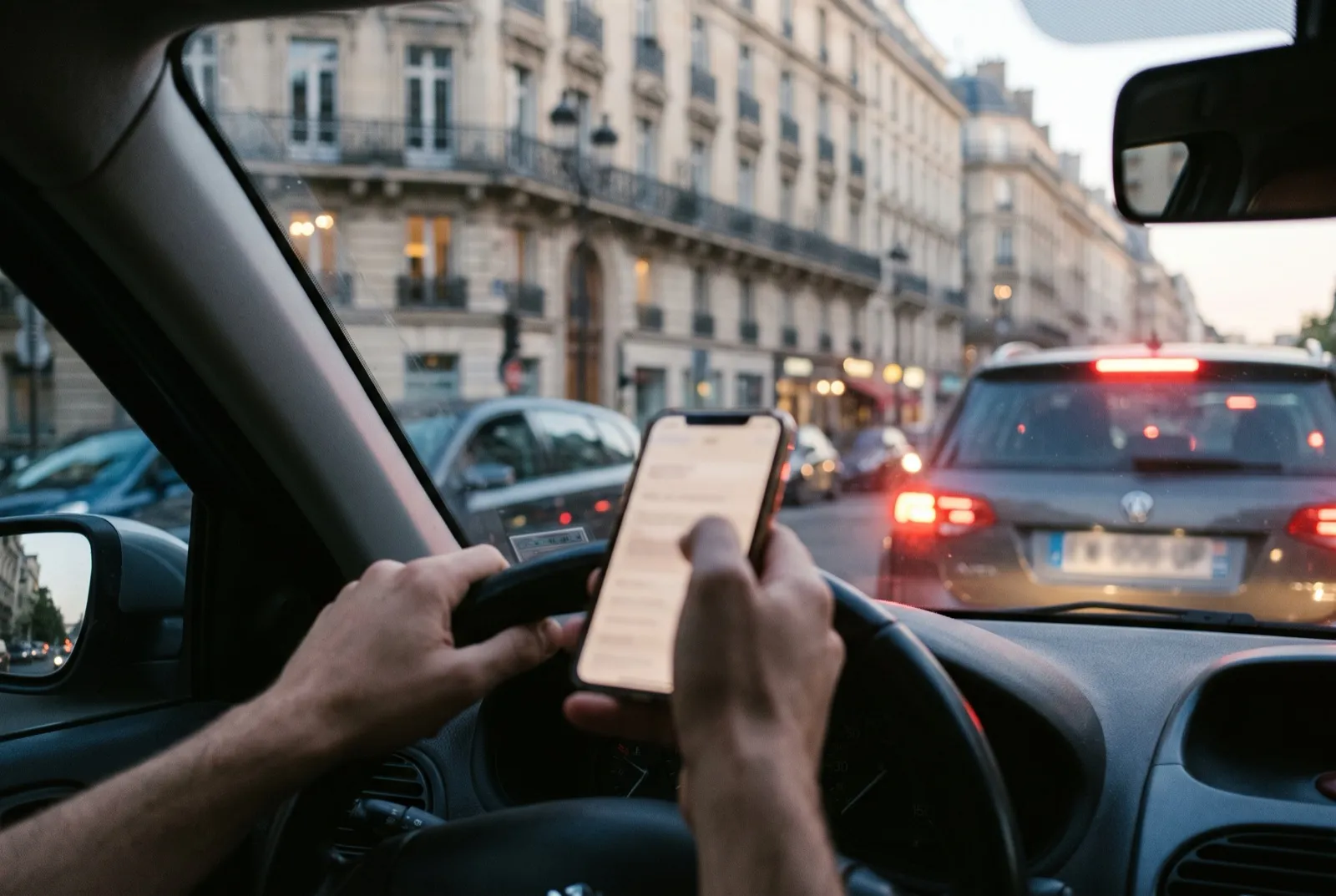 Conducteur tenant son smartphone au-dessus du volant, arrêté dans la circulation sur un boulevard parisien